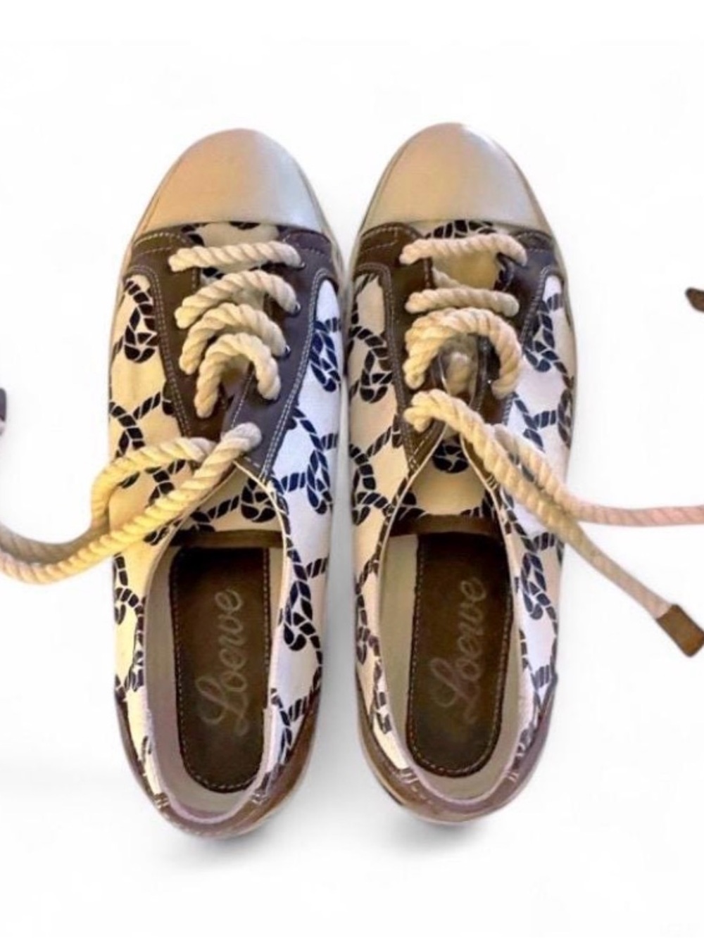Loewe White Canvas Sneakers with Brown Trim and Cream Rope Laces